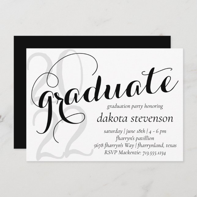 Invitation Graduation moderne | Script classique noir minimal (Devant / Derrière)