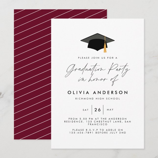 Invitation graduation moderne simple élégante fête bordeaux (Devant / Derrière)