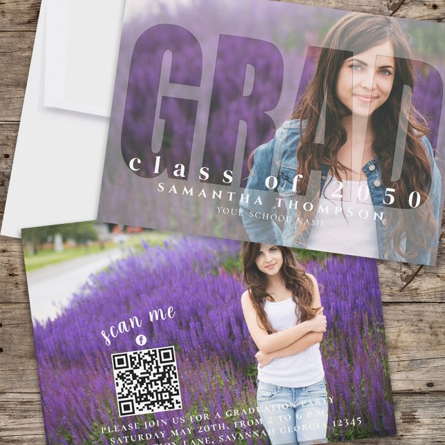 Invitation Graduation Moderne Typographie Grad 2 Photo QR Cod (Creative graduation photo invitation with "GRAD" Typography photo overlay. )
