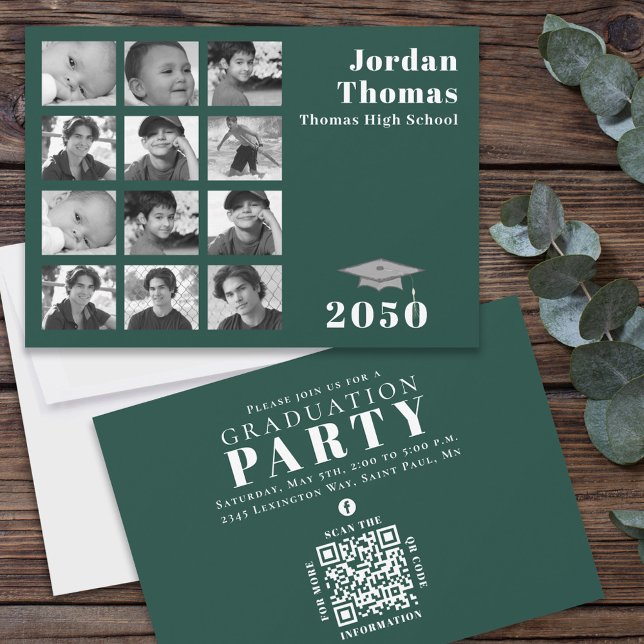 Invitation Graduation Multi Photo Collage Dark Green QR Code (Créateur téléchargé)