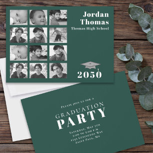 Invitation Graduation Multi Photo Collage Minimal Vert foncé