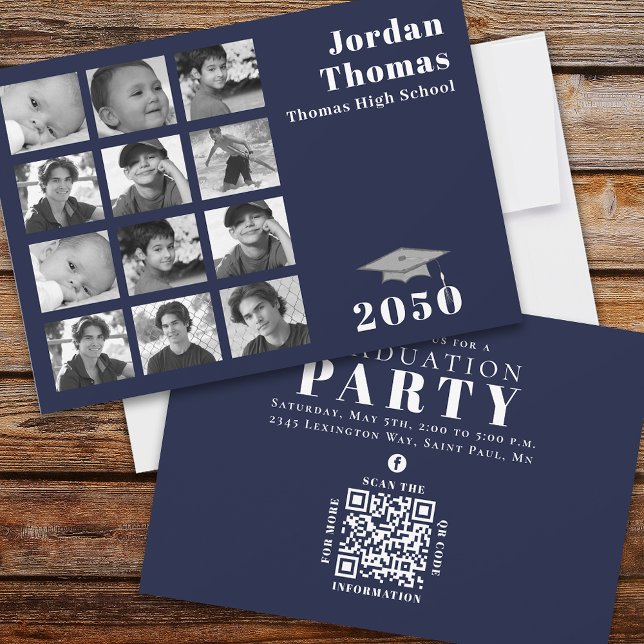 Invitation Graduation Multi Photo Collage Navy Blue QR Code (Créateur téléchargé)