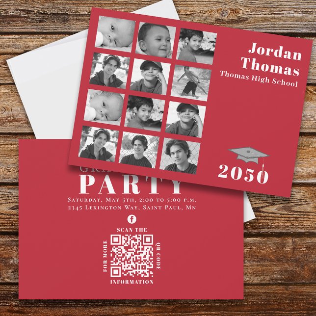 Invitation Graduation Multi Photo Collage Simple Rouge QR Cod (Créateur téléchargé)