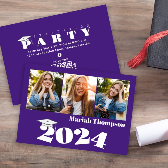 Invitation Graduation Multi Photo Purple Class 2023 QR Code (Graduation photo invitation announcement with purple and white typography. )
