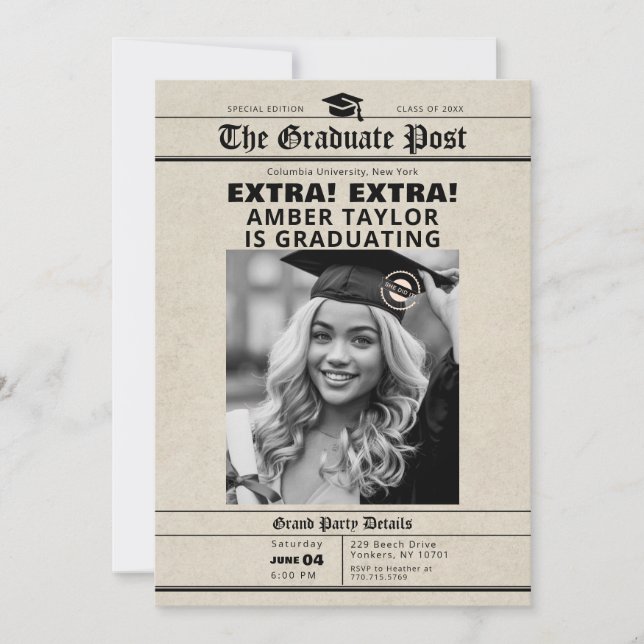 Invitation Graduation Newspaper “Extra Extra” B&W Photo (Devant)