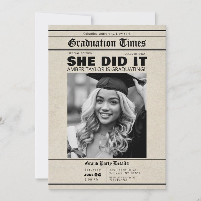 Invitation Graduation Newspaper She Did It B&W Photo (Devant)