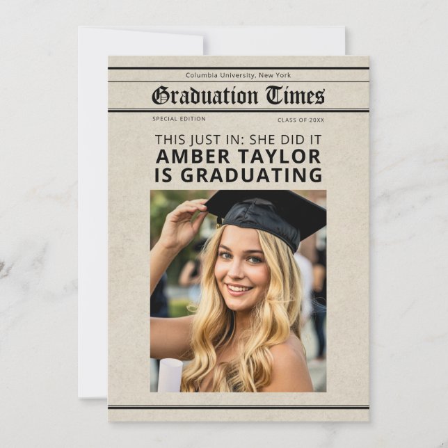 Invitation Graduation Newspaper “This Just In” Photo (Devant)