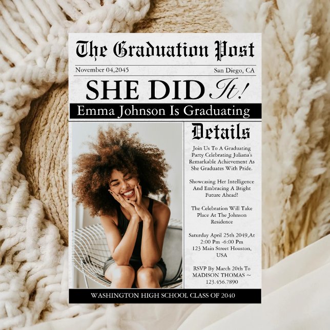 Invitation Graduation Newspaper Unique Fun Custom Photo 2025 (Créateur téléchargé)