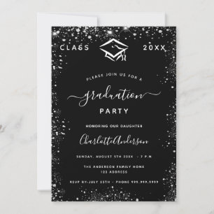 Invitation Graduation noir argent parties scintillant poussiè