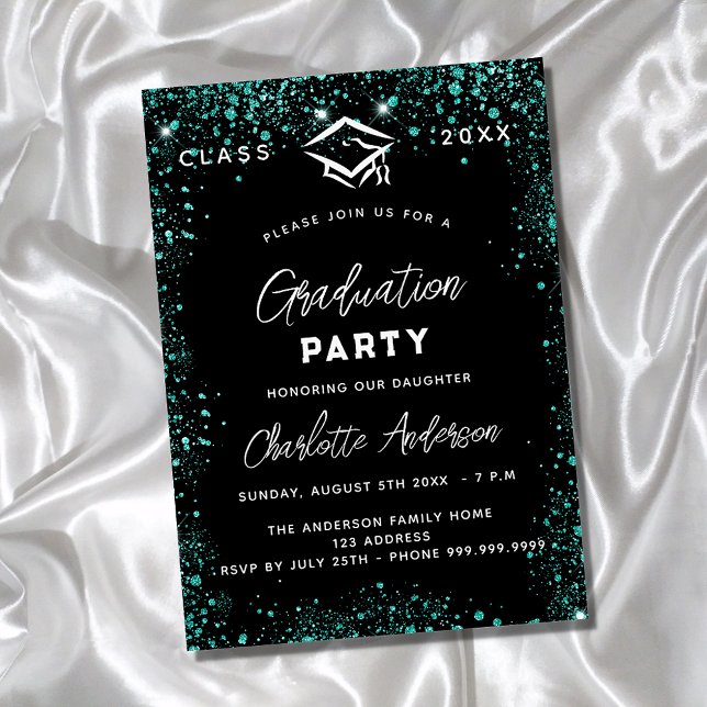 Invitation Graduation noir vert turquoise parties scintillant (Créateur téléchargé)