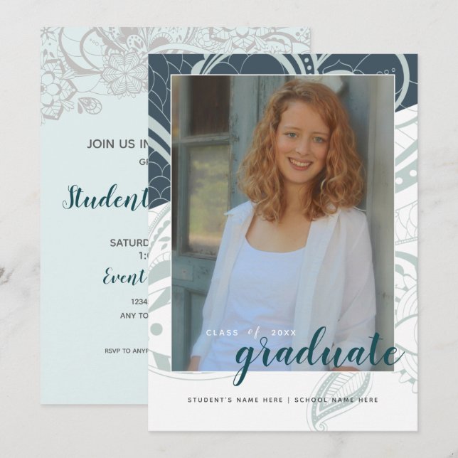 Invitation Graduation Open House Gris Turquoise Design (Devant / Derrière)