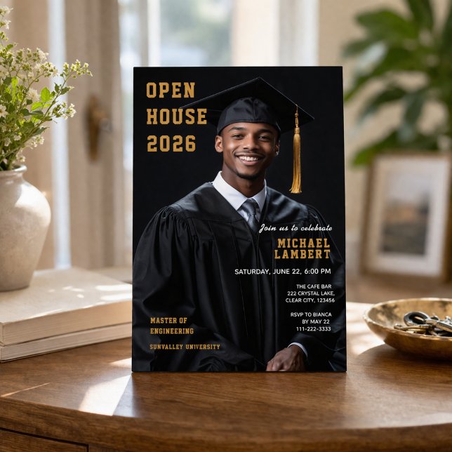 Invitation Graduation Open House Photo Invite 2026 (Open house graduation invitation with photo in modern black and gold design)