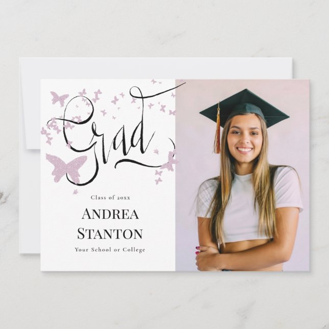 Invitation Graduation Papillons rose Grad Calligraphie Chic (Devant)