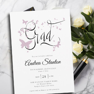 Invitation Graduation Papillons rose Grad Calligraphie Chic