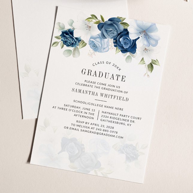 Invitation Graduation Party 2025 Dusty Blue Floral (Graduation 2024 Dusty Blue Floral Party Invitation)