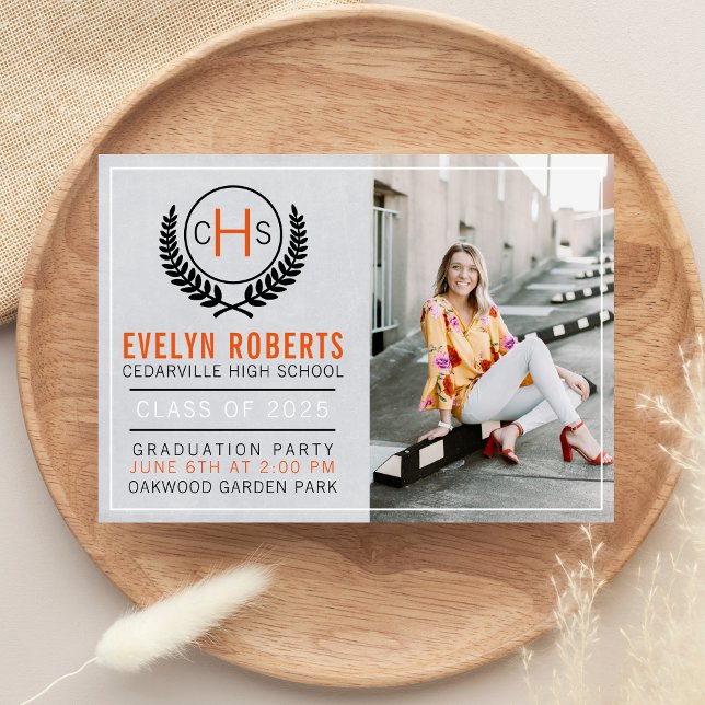 Invitation Graduation Party 2025 Monogram Orange (Créateur téléchargé)