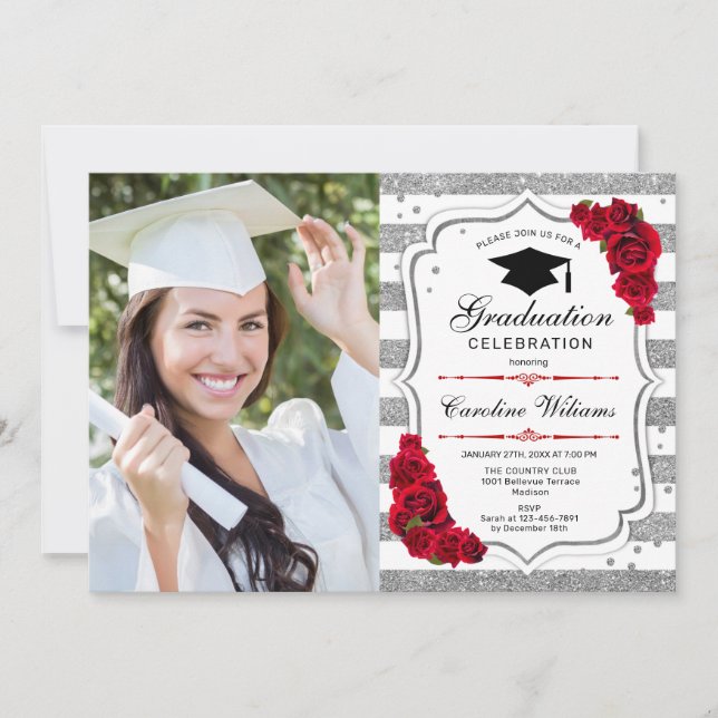 Invitation Graduation Party avec photo - Argent Blanc Rouge (Devant)