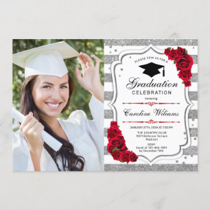Invitation Graduation Party avec photo - Argent Blanc Rouge
