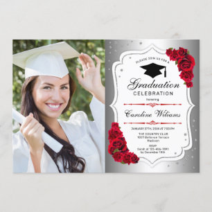 Invitation Graduation Party avec photo - Argent Blanc Rouge