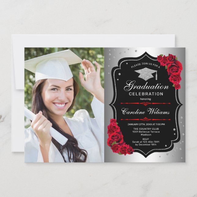 Invitation Graduation Party avec photo - Argent Noir Rouge (Devant)
