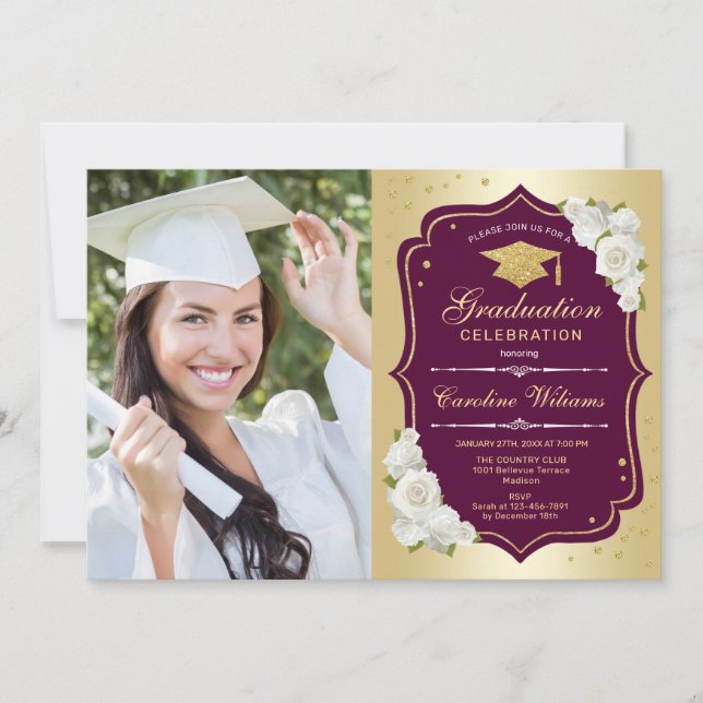 Invitation Graduation Party avec photo - Gold Burgundy (Devant)
