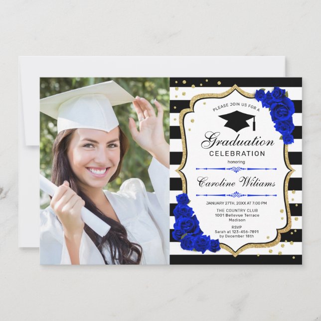 Invitation Graduation Party avec photo - Gold Royal Blue (Devant)