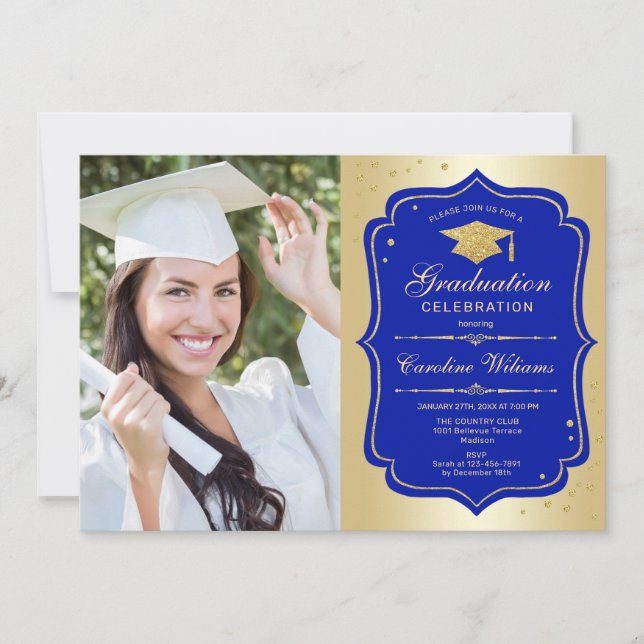 Invitation Graduation Party avec photo - Gold Royal Blue (Devant)