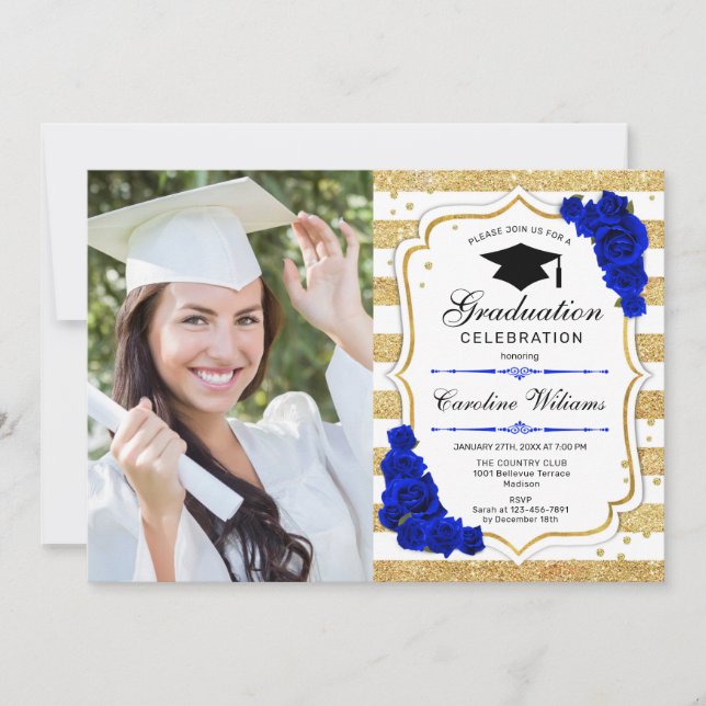 Invitation Graduation Party avec photo - Gold Royal Blue (Devant)