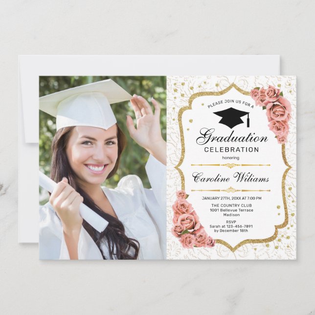 Invitation Graduation Party avec photo - Gold White Blush (Devant)