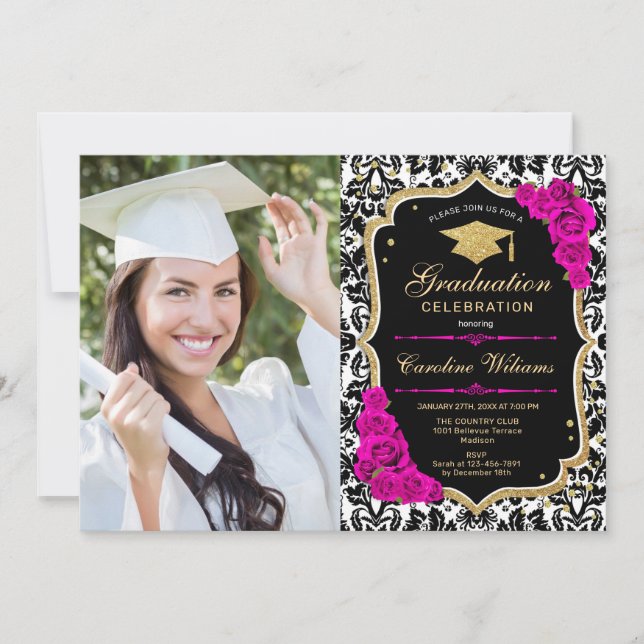 Invitation Graduation Party avec photo - Hot Rose Gold Noir (Devant)