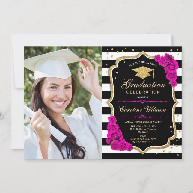 Invitation Graduation Party avec photo - Hot Rose Gold Noir (Devant)