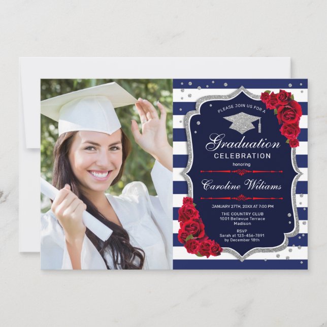 Invitation Graduation Party avec photo - Marine Argent Rouge (Devant)