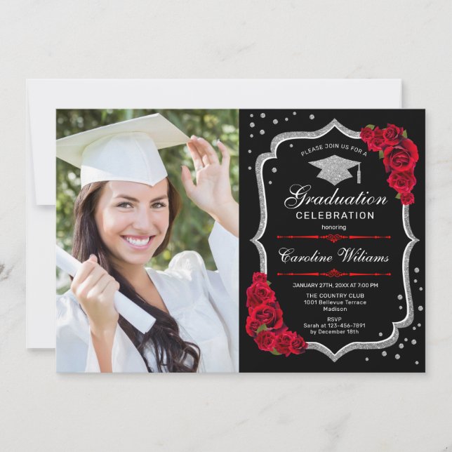 Invitation Graduation Party avec photo - Noir Argent Rouge (Devant)