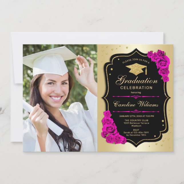 Invitation Graduation Party avec photo - Noir Or Hot Rose (Devant)