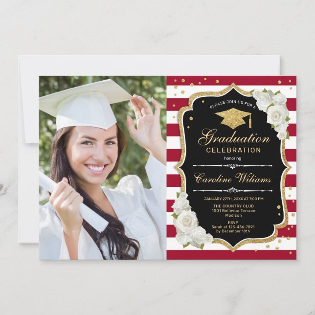 Invitation Graduation Party avec photo - Noir Or Rouge (Devant)