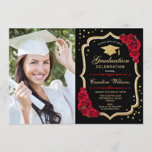 Invitation Graduation Party avec photo - Noir Or Rouge