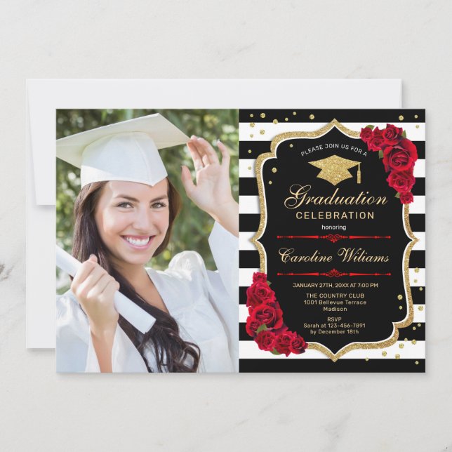 Invitation Graduation Party avec photo - Red Gold Black (Devant)