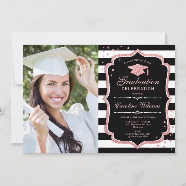 Invitation Graduation Party avec photo - Rose Gold Black (Devant)