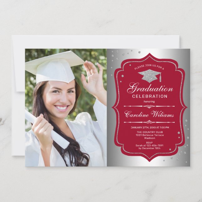 Invitation Graduation Party avec photo - Rouge Argent (Devant)