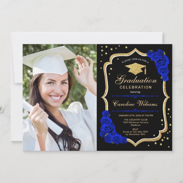 Invitation Graduation Party avec photo - Royal Blue Gold (Devant)