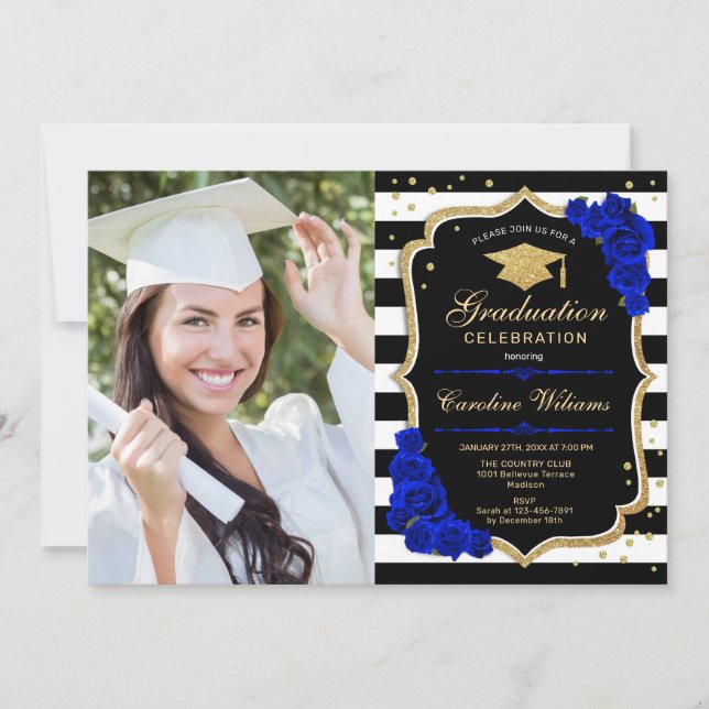 Invitation Graduation Party avec photo - Royal Blue Gold (Devant)