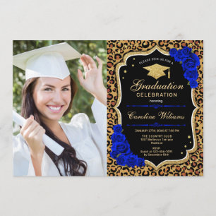 Invitation Graduation Party avec photo - Royal Blue Leopard