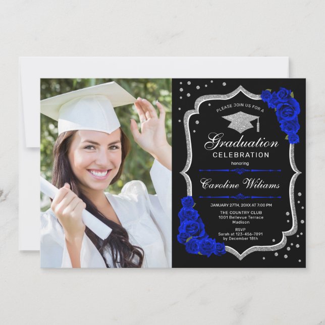Invitation Graduation Party avec photo - Royal Blue Silver (Devant)