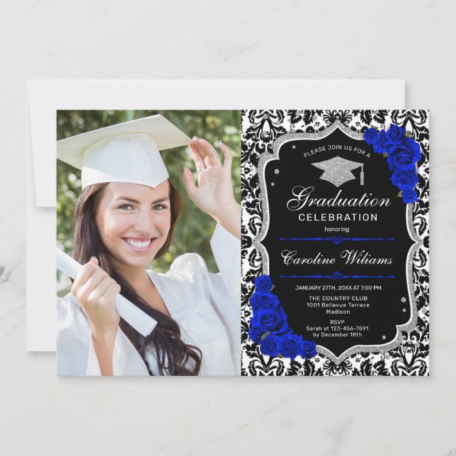 Invitation Graduation Party avec photo - Royal Blue Silver (Devant)