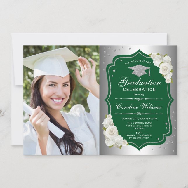 Invitation Graduation Party avec photo - Silver Green (Devant)