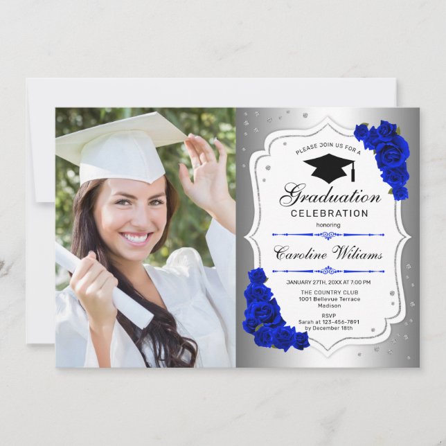 Invitation Graduation Party avec photo - Silver Royal Blue (Devant)