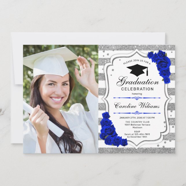 Invitation Graduation Party avec photo - Silver Royal Blue (Devant)