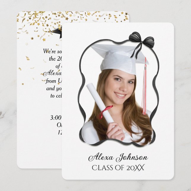 Invitation Graduation Party Black Bow And Ribbon Frame (Devant / Derrière)