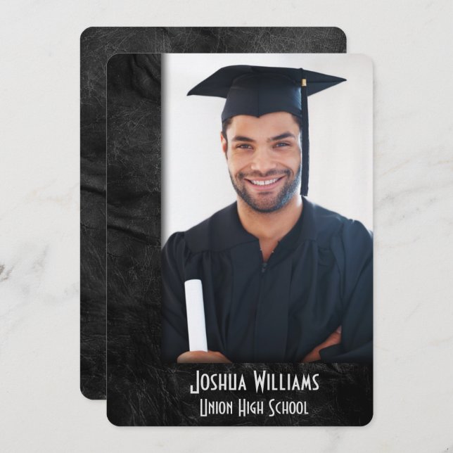 Invitation Graduation Party Black Leather Photo Frame (Devant / Derrière)