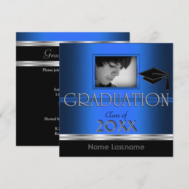 Invitation Graduation Party Black Silver Blue Photo Boy Homme (Devant / Derrière)